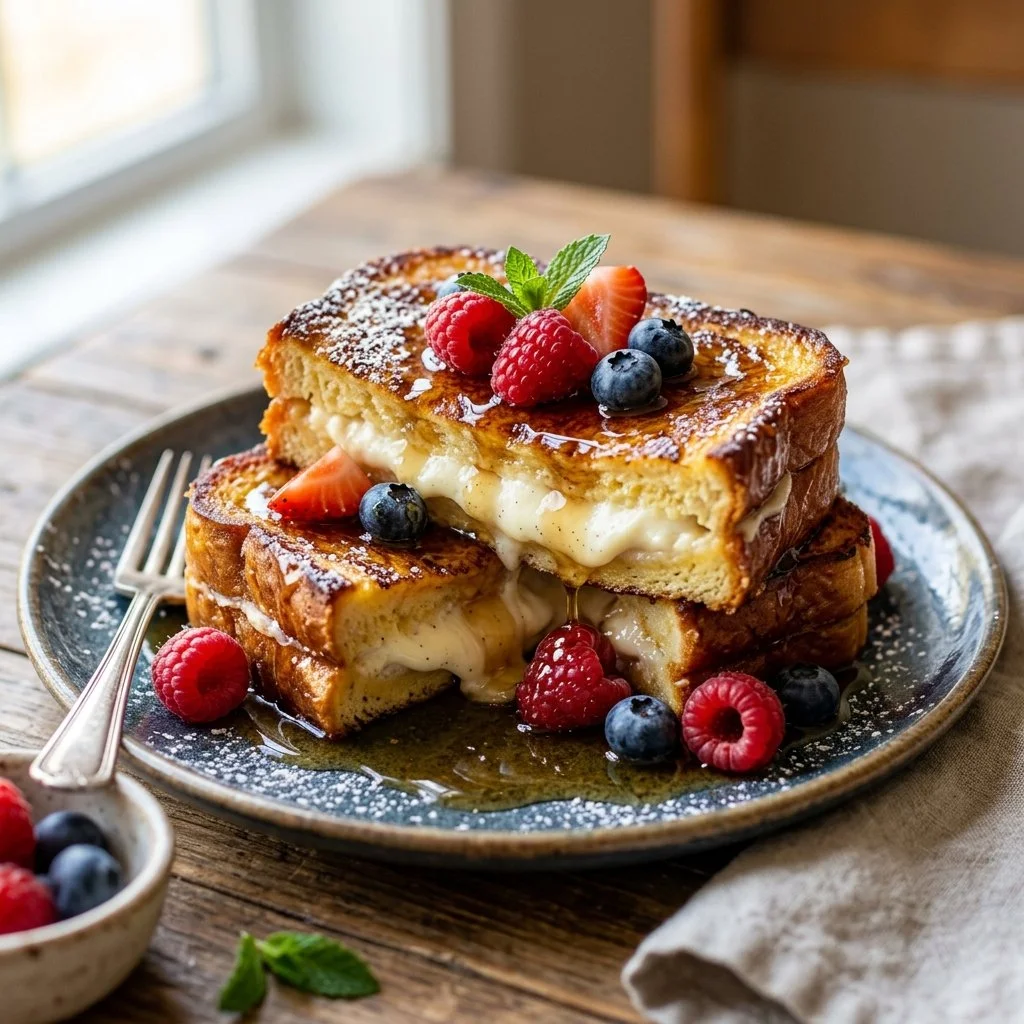 Delicious cream cheese stuffed French toast on a plate with syrup and berries.