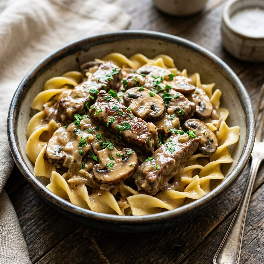 Delicious creamy beef stroganoff served on a plate with fresh herbs
