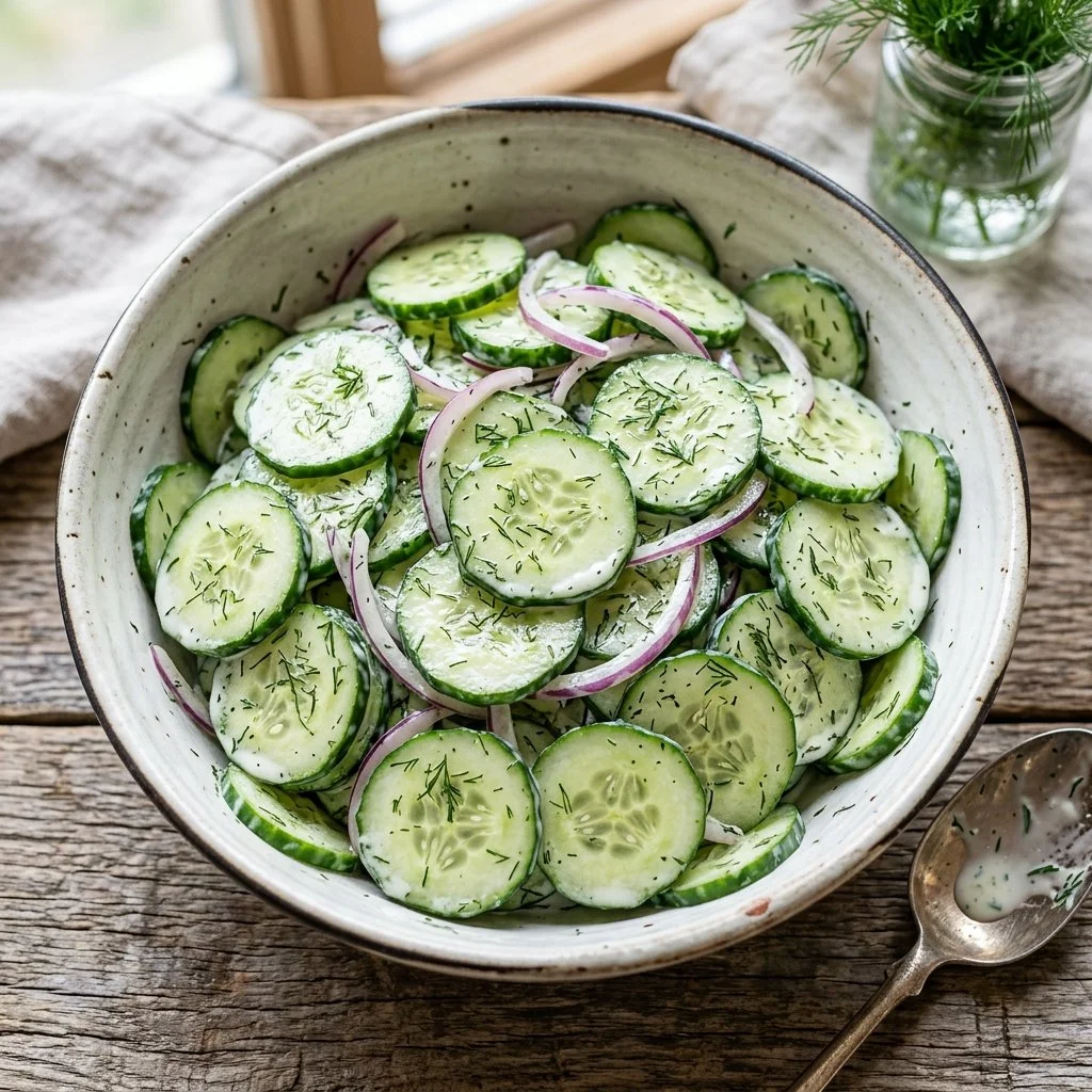 Creamy cucumber salad served in a bowl with fresh herbs and spices