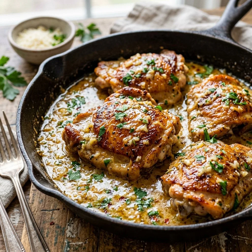 Delicious creamy garlic parmesan chicken served with herbs on a plate.