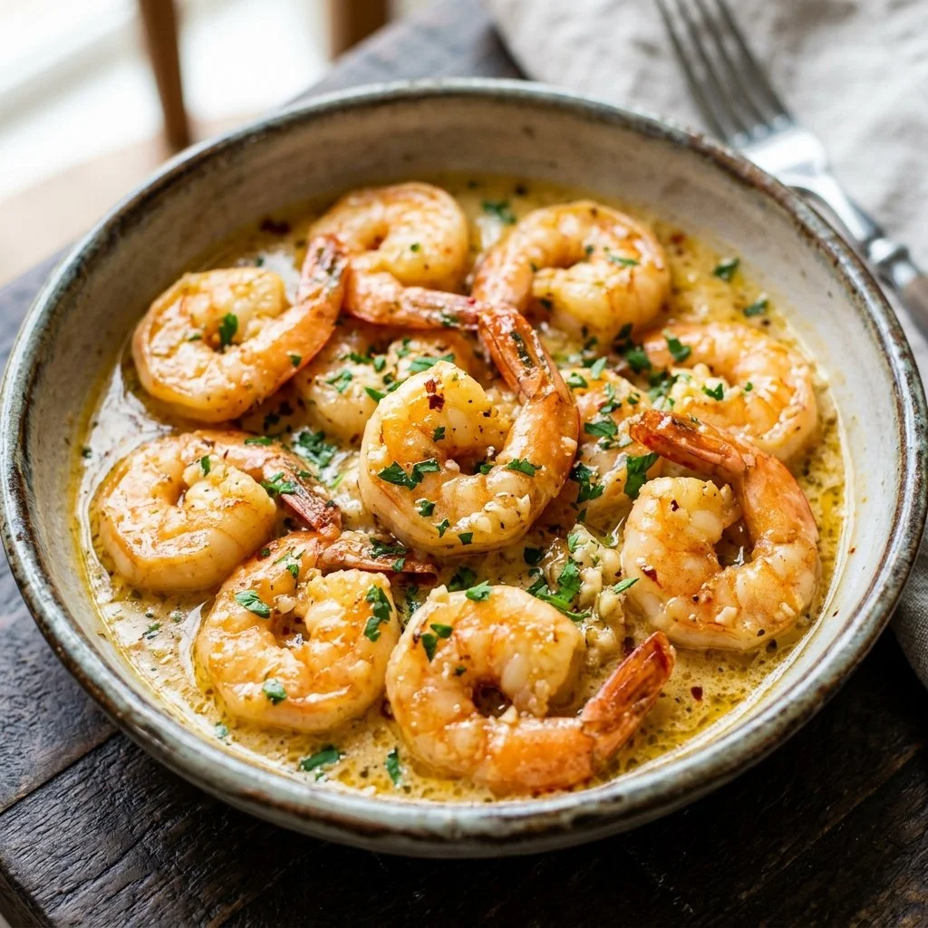 Delicious creamy garlic shrimp served on a plate with herbs and lemon.