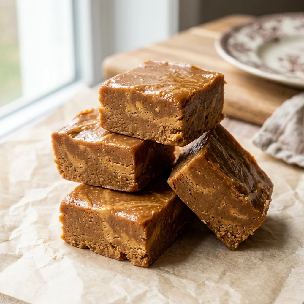 Deliciously creamy peanut butter fudge squares on a white plate.