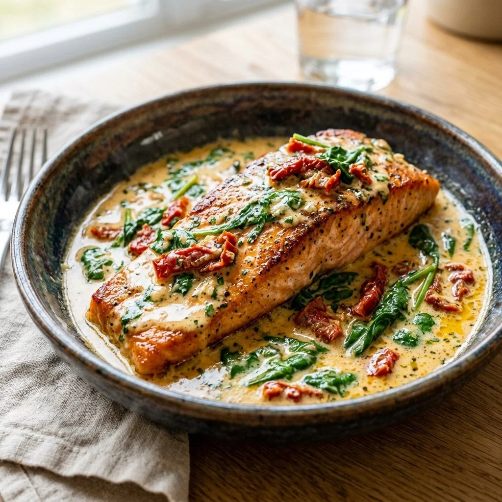 Creamy Tuscan salmon dish with vibrant herbs and creamy sauce