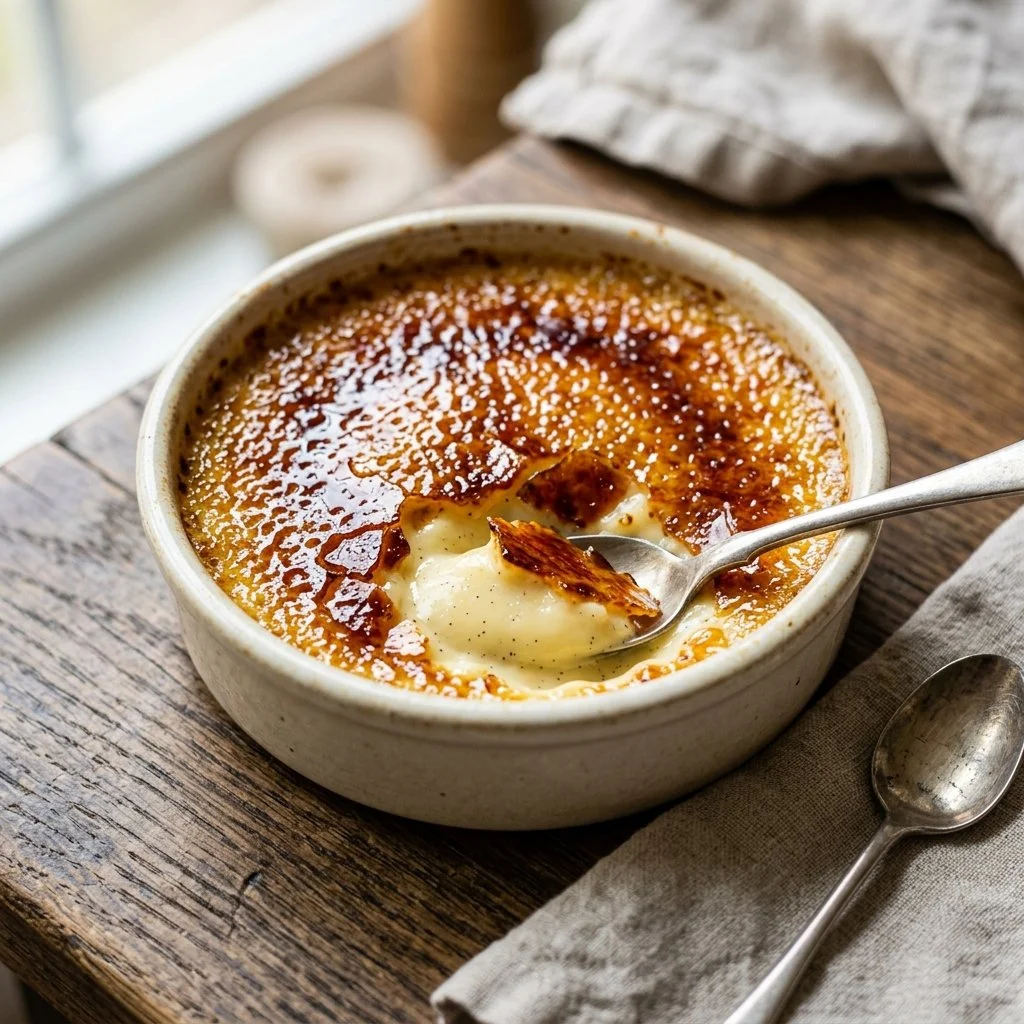 Delicious creme brulee dessert with caramelized sugar topping in a ramekin.