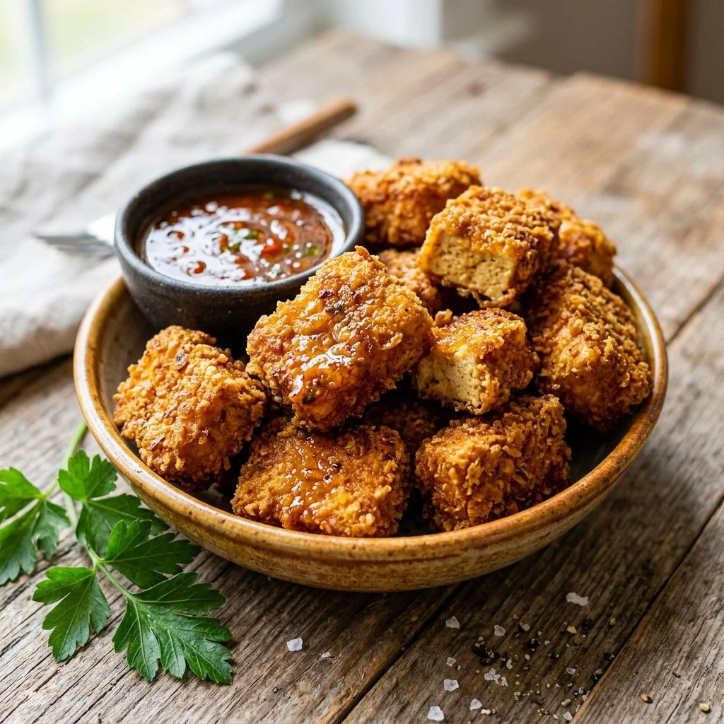 Crispy baked tofu nuggets served with dipping sauce on a plate