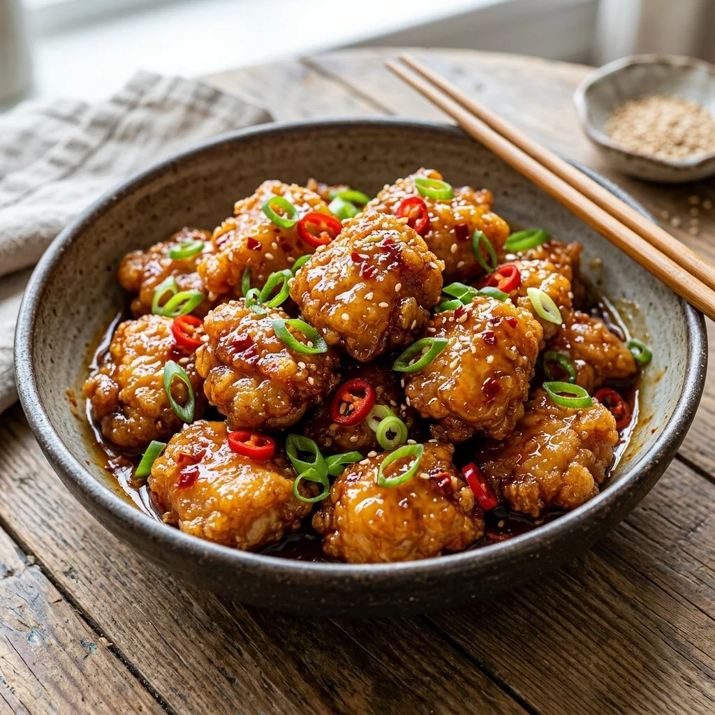 Crispy Honey Chilli Chicken served on a plate garnished with green onions