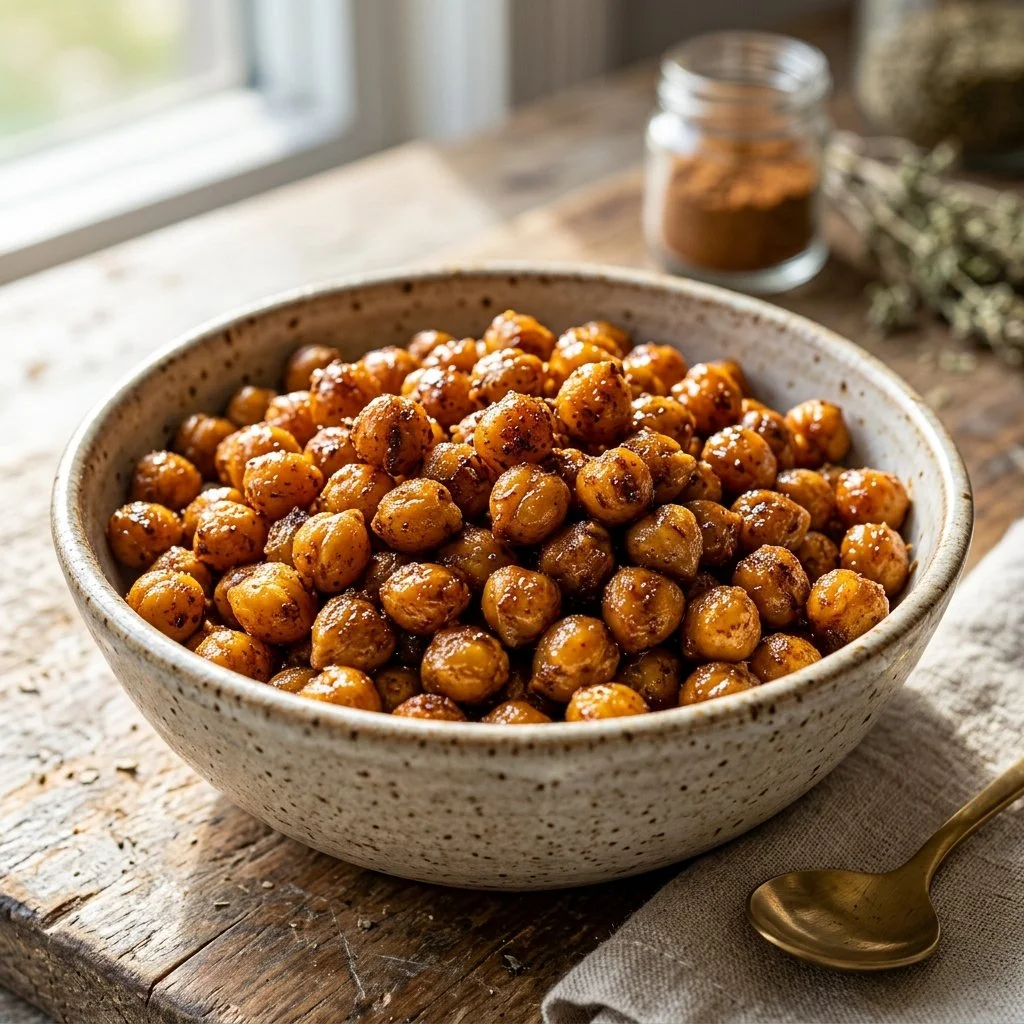 Bowl of crispy roasted chickpeas seasoned for a healthy snack