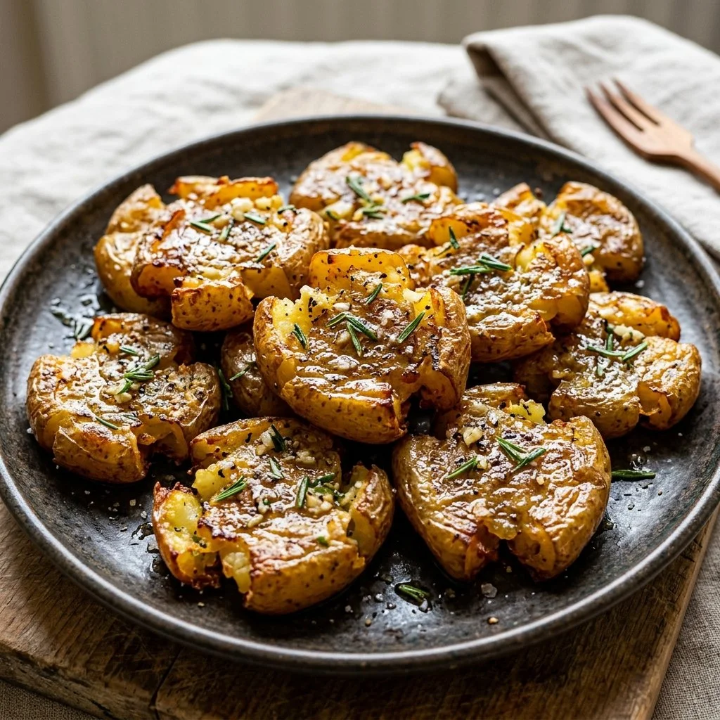 Crispy smashed potatoes topped with herbs and seasoning