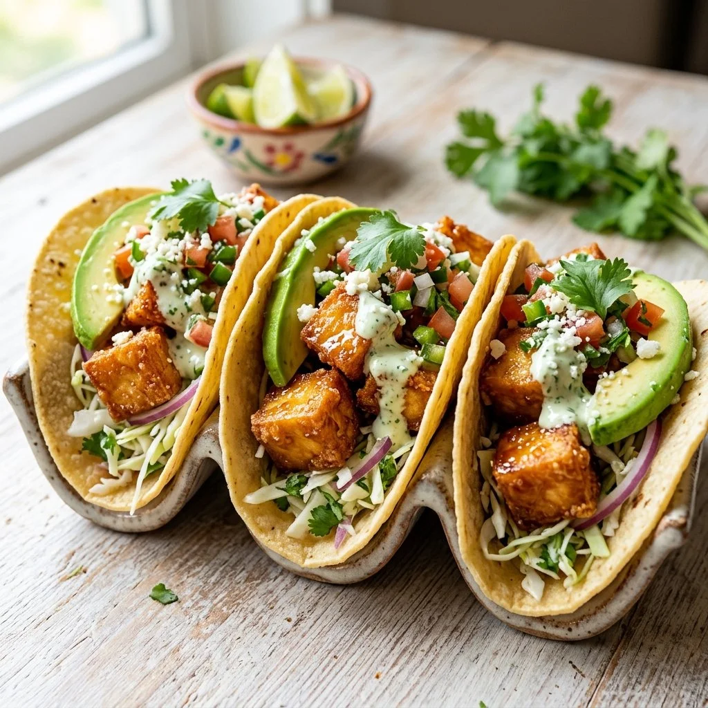 Crispy tofu tacos garnished with fresh vegetables and herbs in a tortilla.