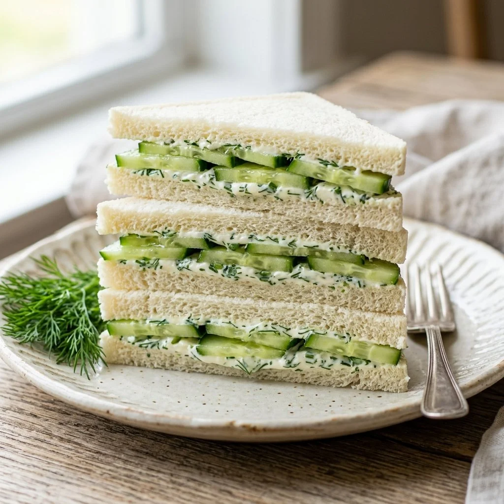 Delicious cucumber sandwiches on a plate, perfect for afternoon tea.