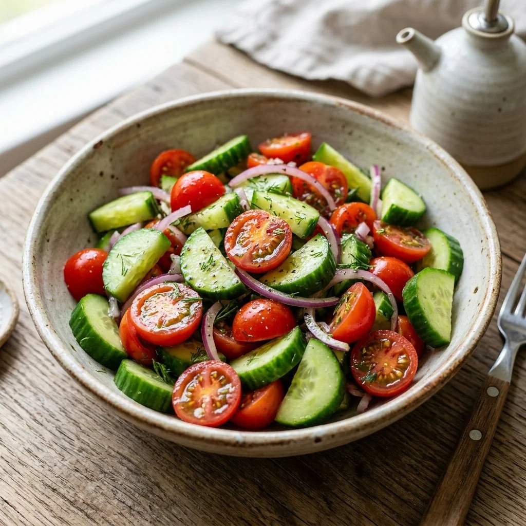 Fresh Cucumber Tomato Salad with herbs and dressing