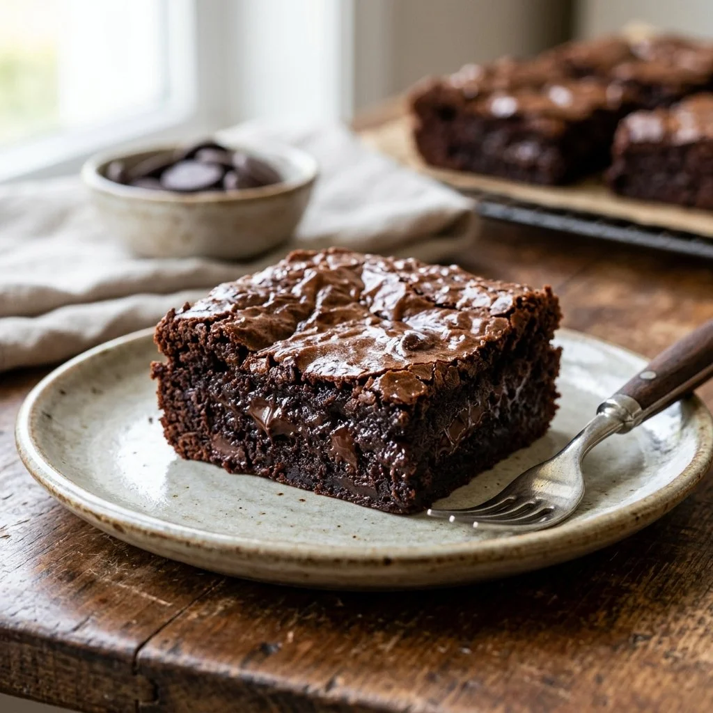 Delicious homemade dark chocolate brownies topped with chocolate glaze