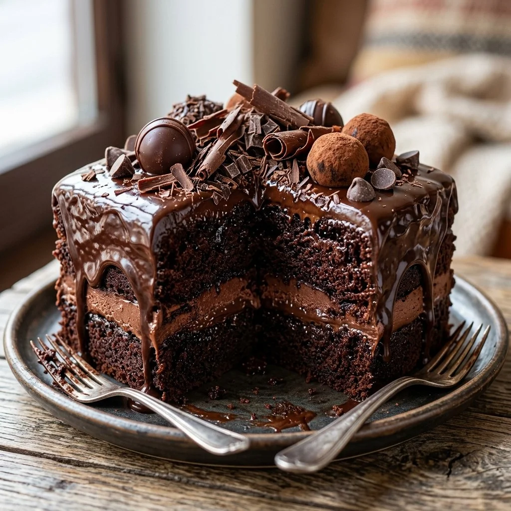 Slice of Death by Chocolate Cake topped with chocolate shavings and berries.