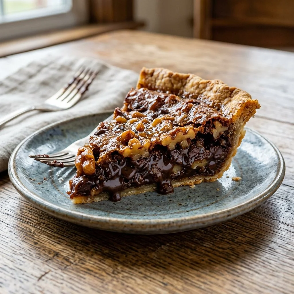 Delicious Derby Pie with chocolate and nuts served on a rustic table