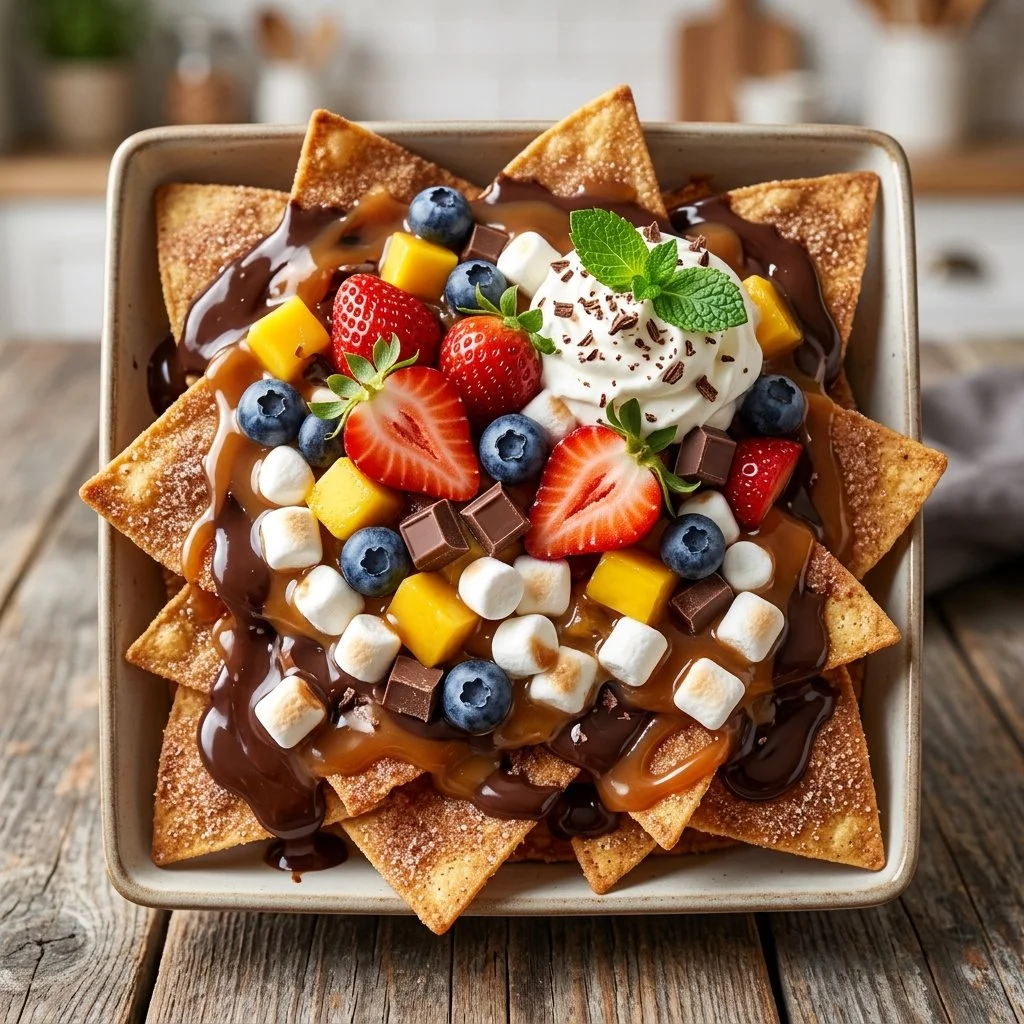 Delicious dessert nachos topped with chocolate, fruits, and whipped cream.