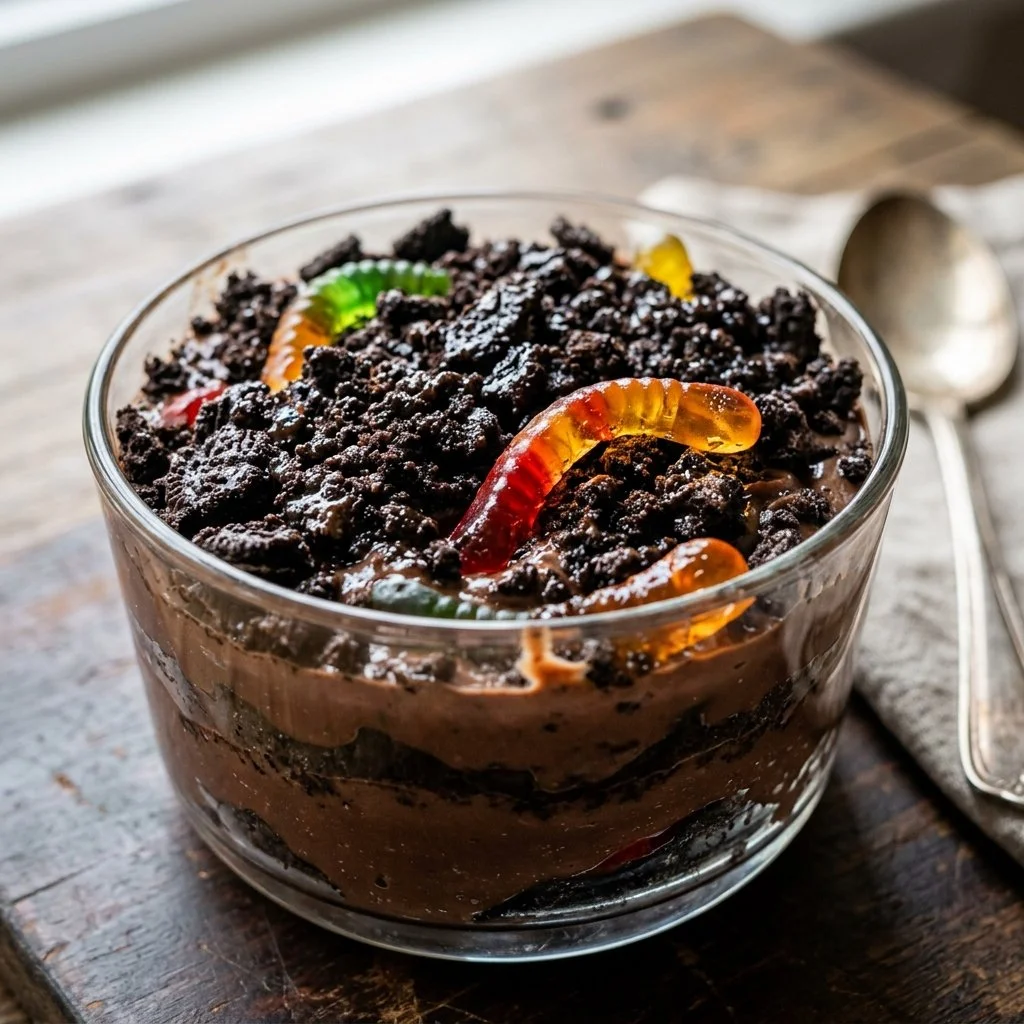 A bowl of homemade Dirt Pudding dessert with chocolate and gummy worms.