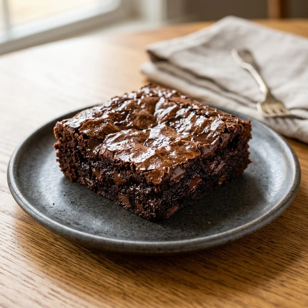 Decadent double chocolate brownies freshly baked and topped with chocolate chips.