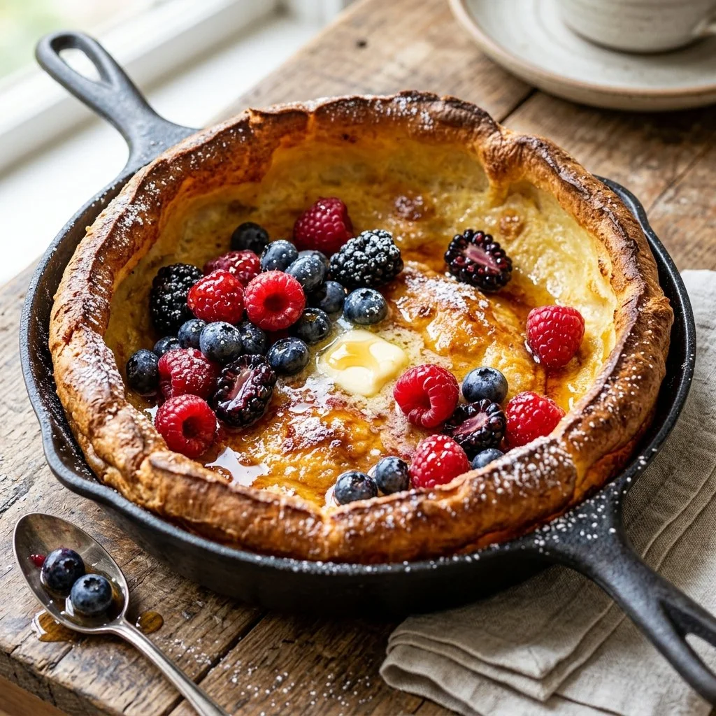 Homemade Dutch Baby pancake served with fresh fruit and powdered sugar.