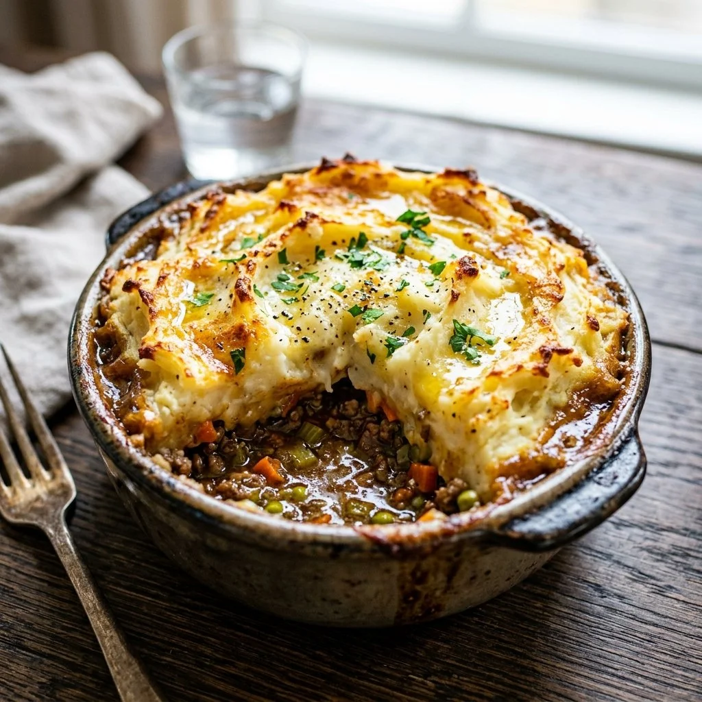 Delicious easy Shepherd's Pie served in a rustic dish