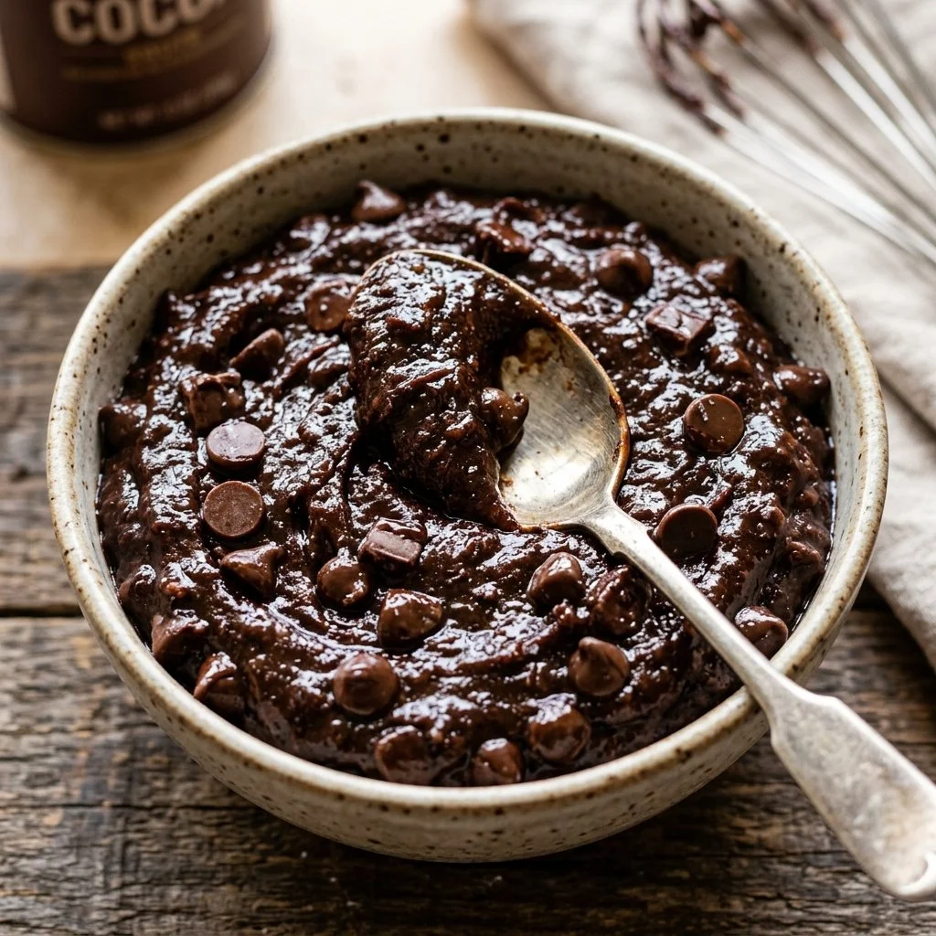 Bowl of edible brownie batter ready to be enjoyed safely without baking