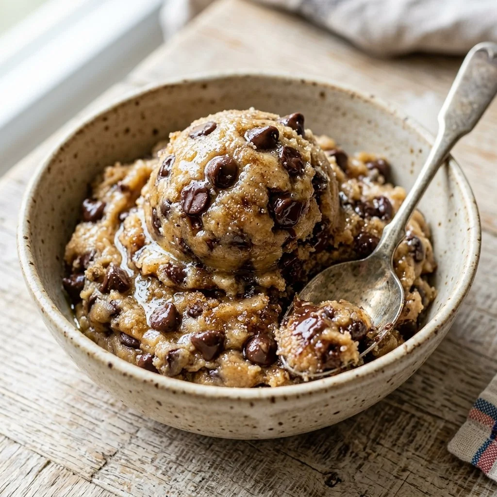 Bowl of safe-to-eat edible cookie dough with chocolate chips