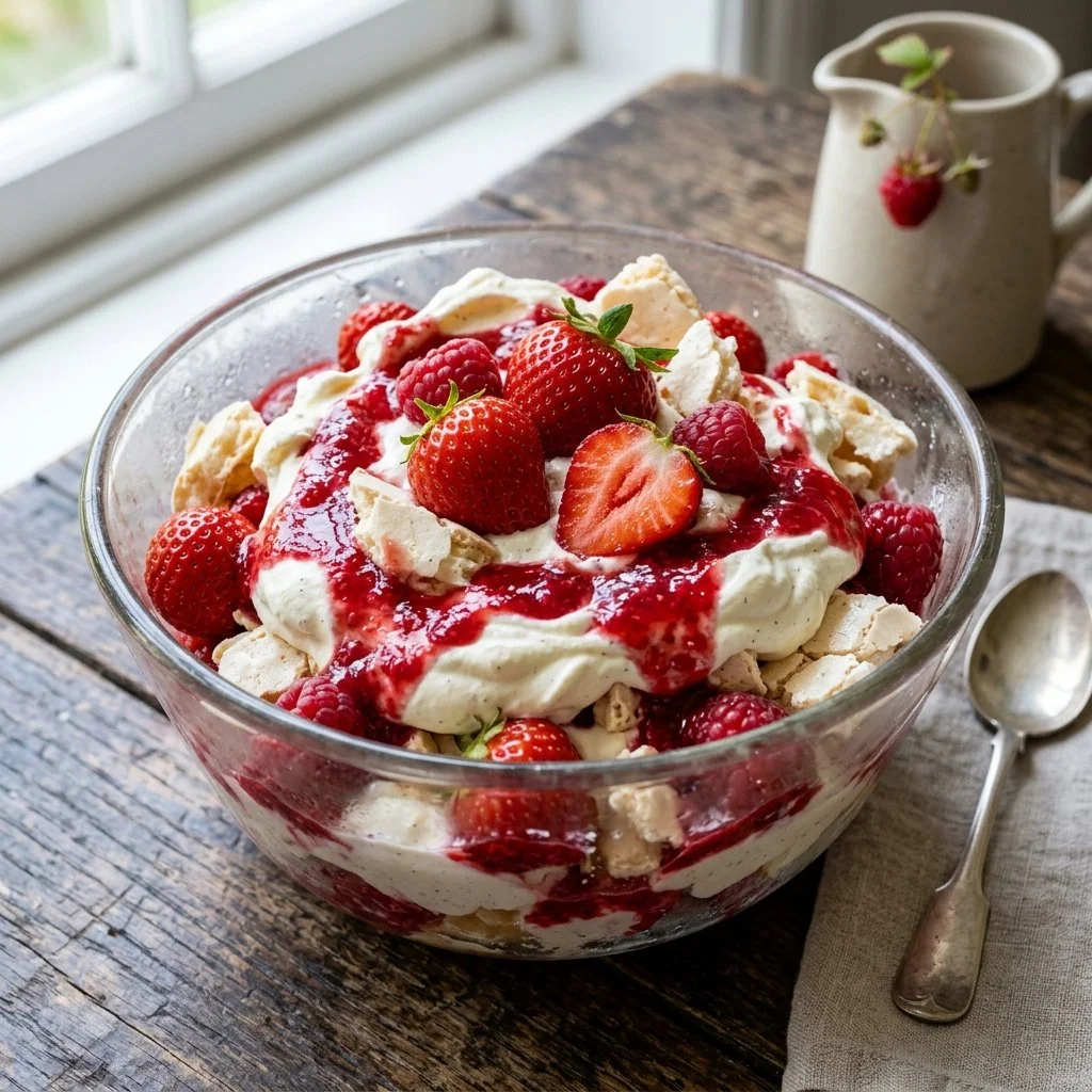 A delicious Eton Mess dessert featuring strawberries, whipped cream, and crushed meringue.