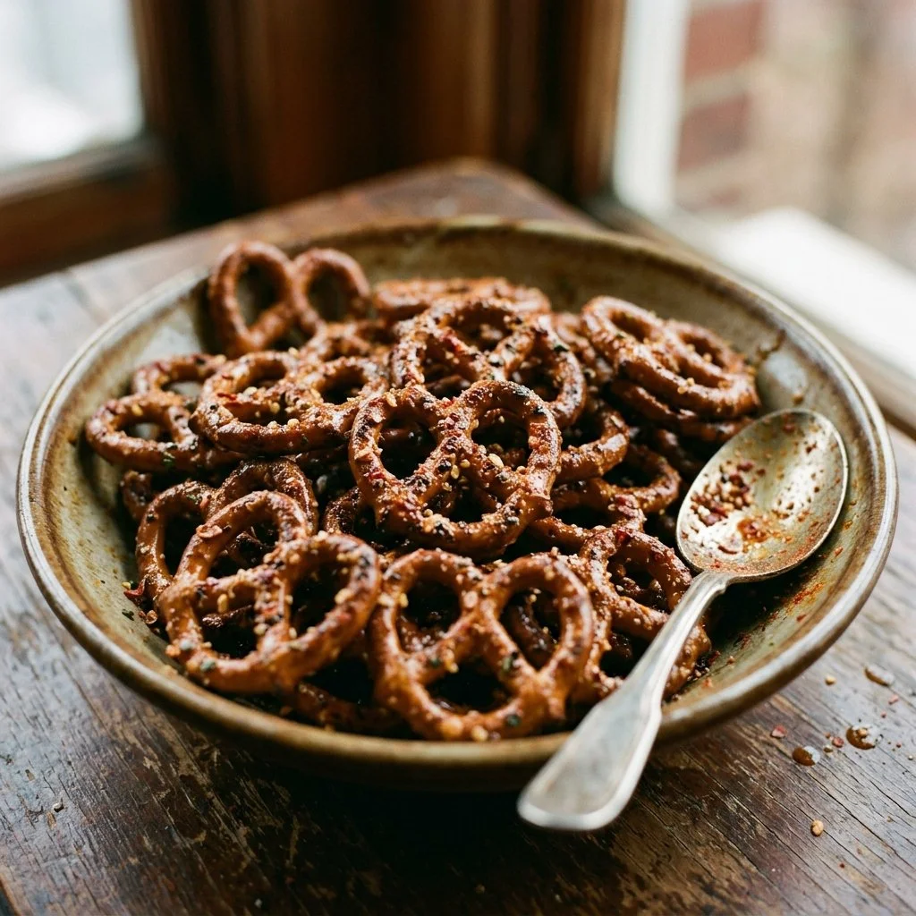 Delicious homemade Firecracker Pretzels served in a bowl with spices