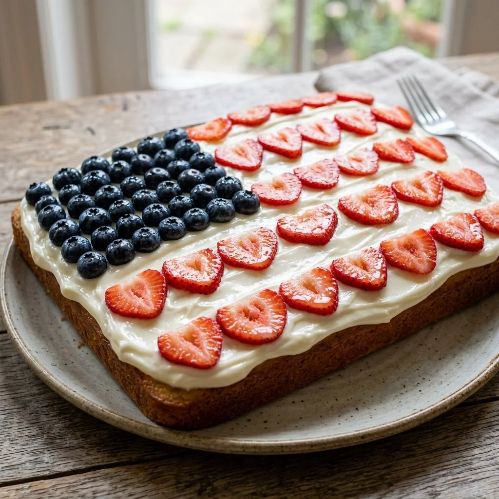 Delicious homemade Flag Cake decorated with berries and whipped cream for festivities.