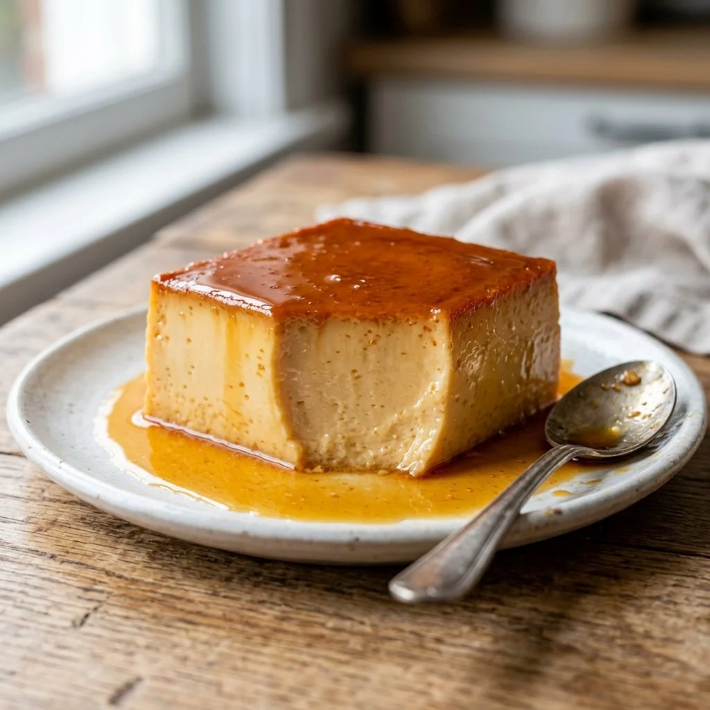 Delicious Flan de Leche dessert topped with caramel sauce.