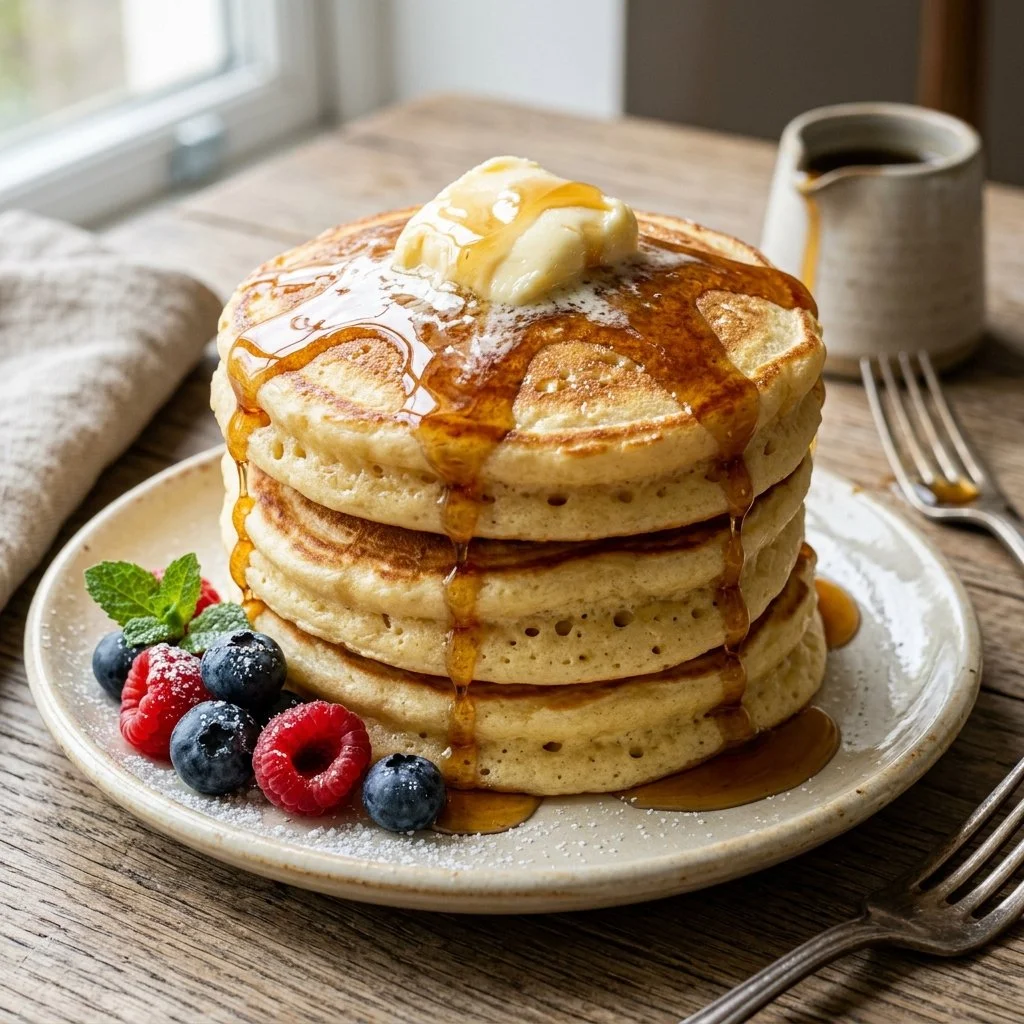 Fluffy buttermilk pancakes stacked with syrup and berries on a plate.