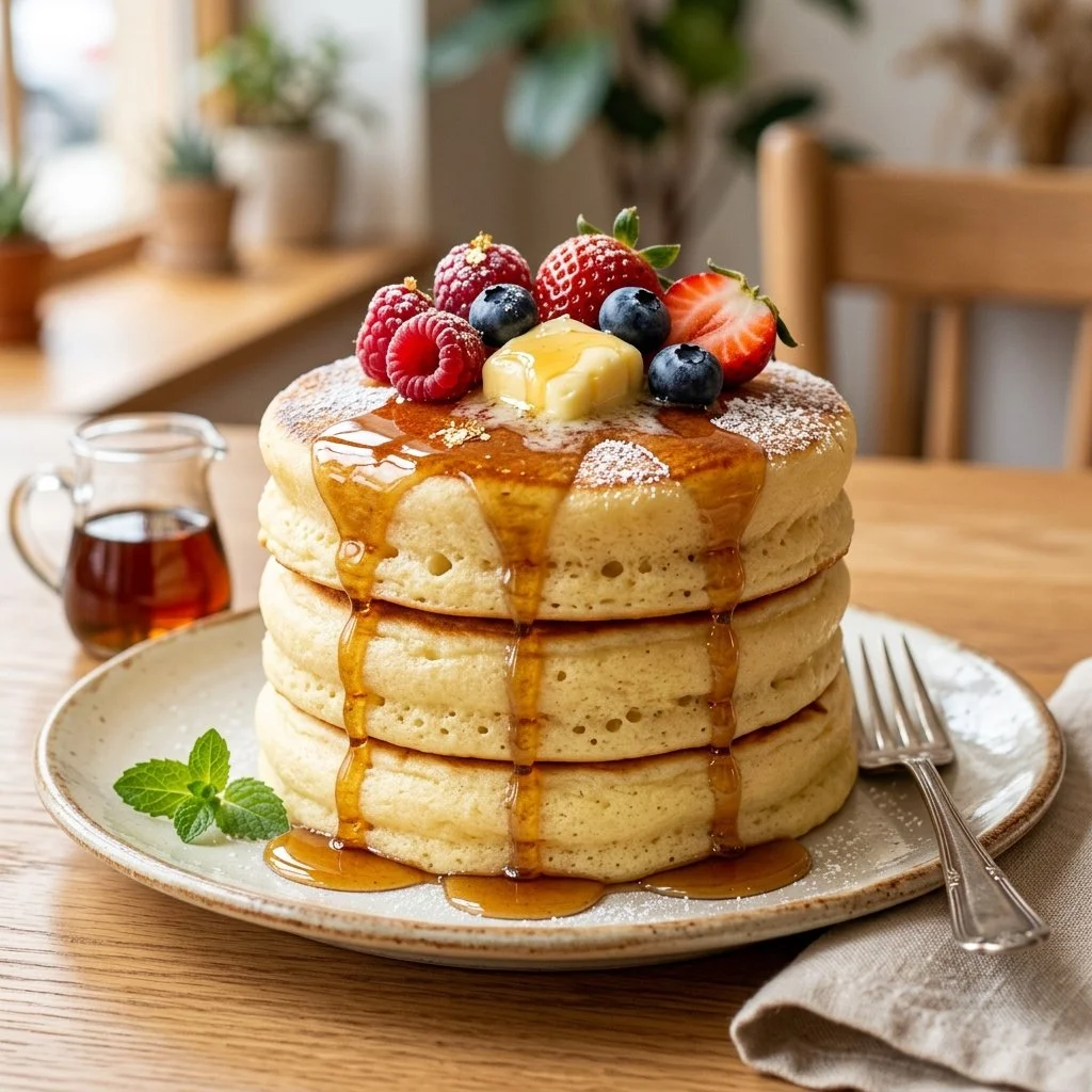 Fluffy Japanese pancakes topped with syrup and fresh berries