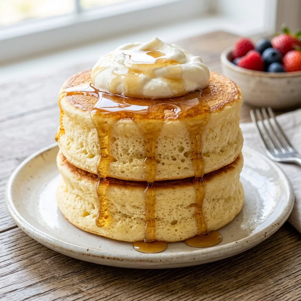 Stack of fluffy Japanese pancakes with syrup and berries