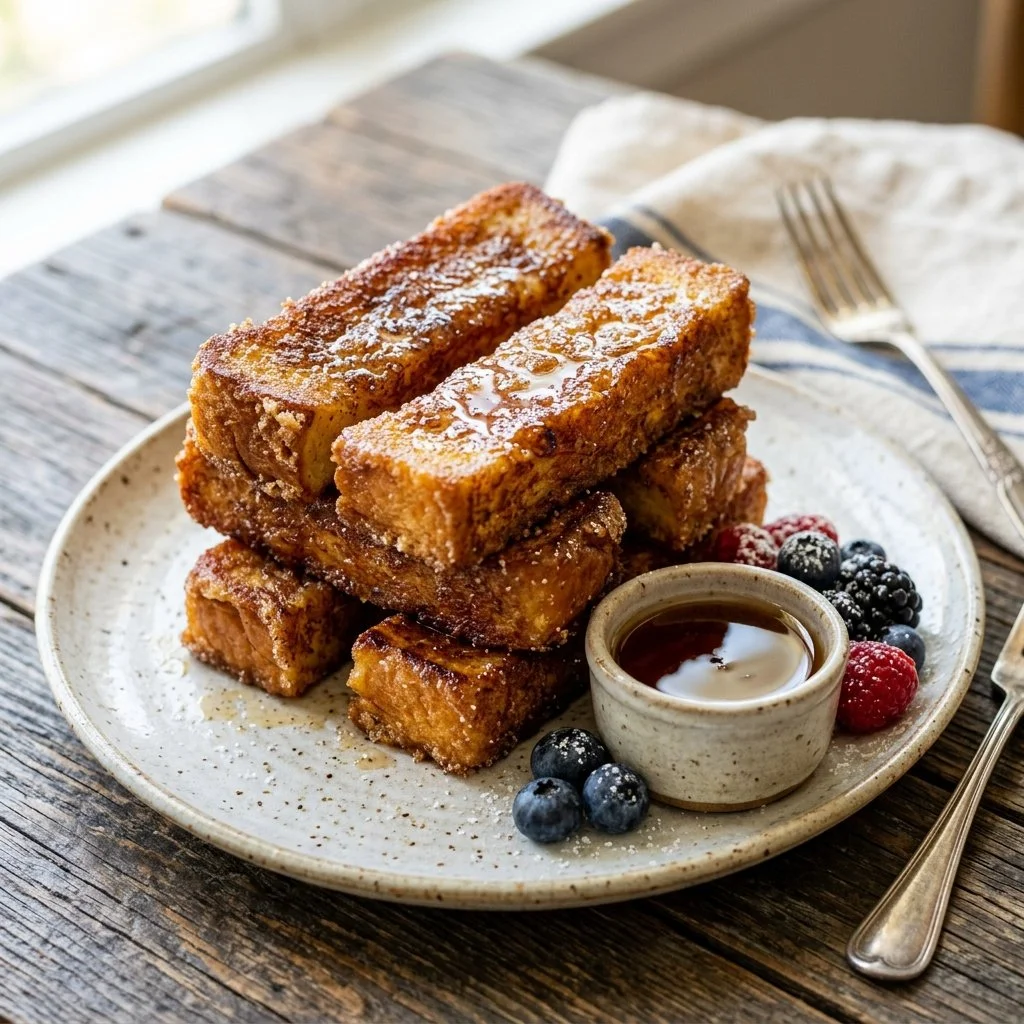Delicious homemade French toast sticks served with syrup.