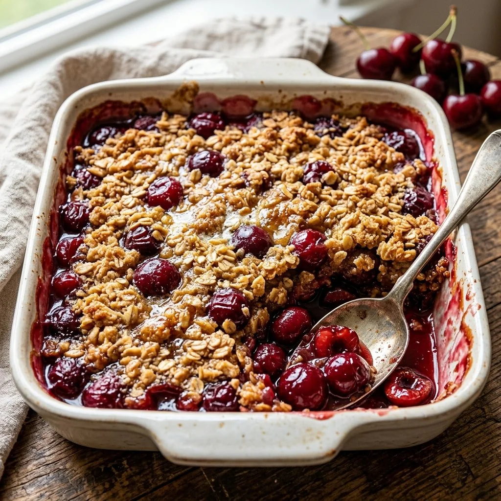 Freshly baked cherry crisp dessert with a golden crumble topping