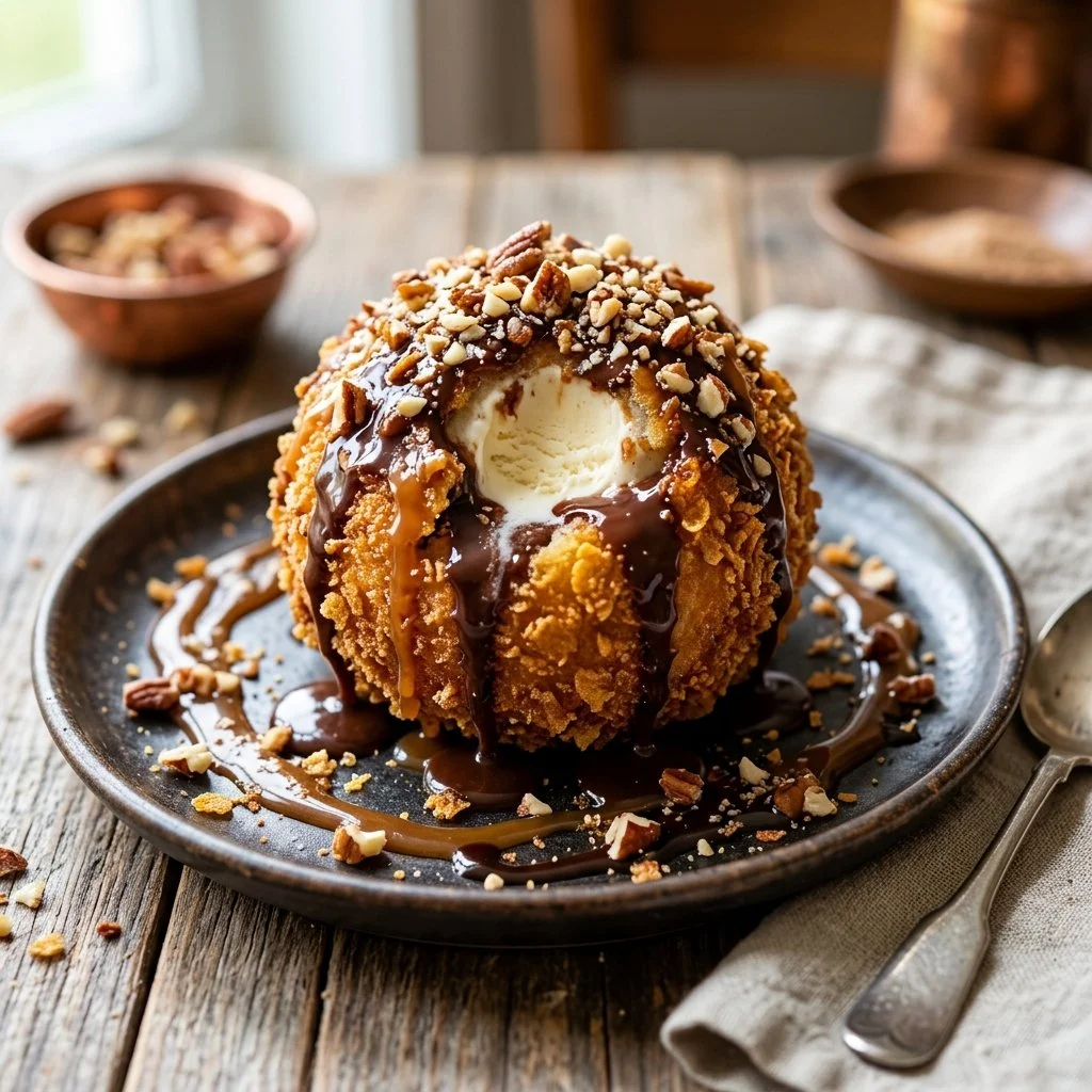Delicious fried ice cream dessert served with chocolate syrup and sprinkles
