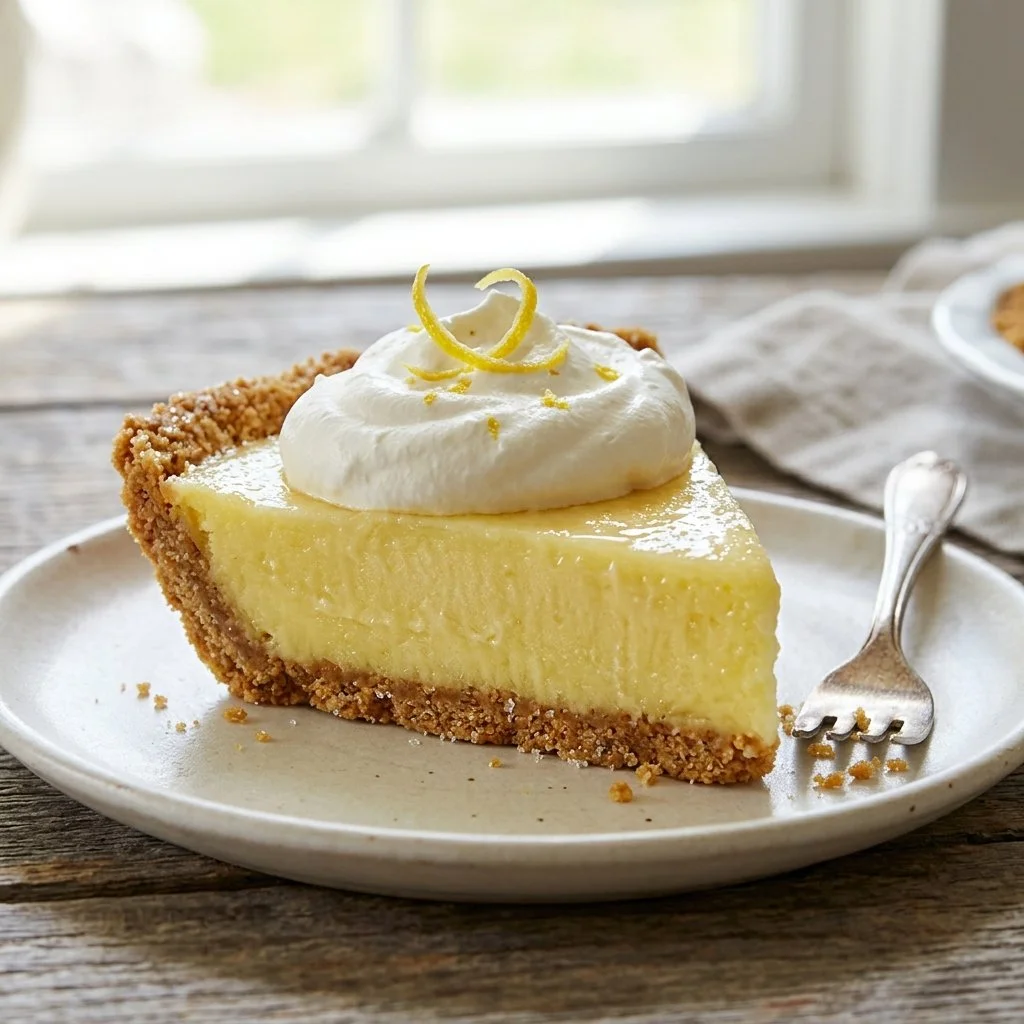 Delicious frozen lemonade pie topped with whipped cream and lemon zest