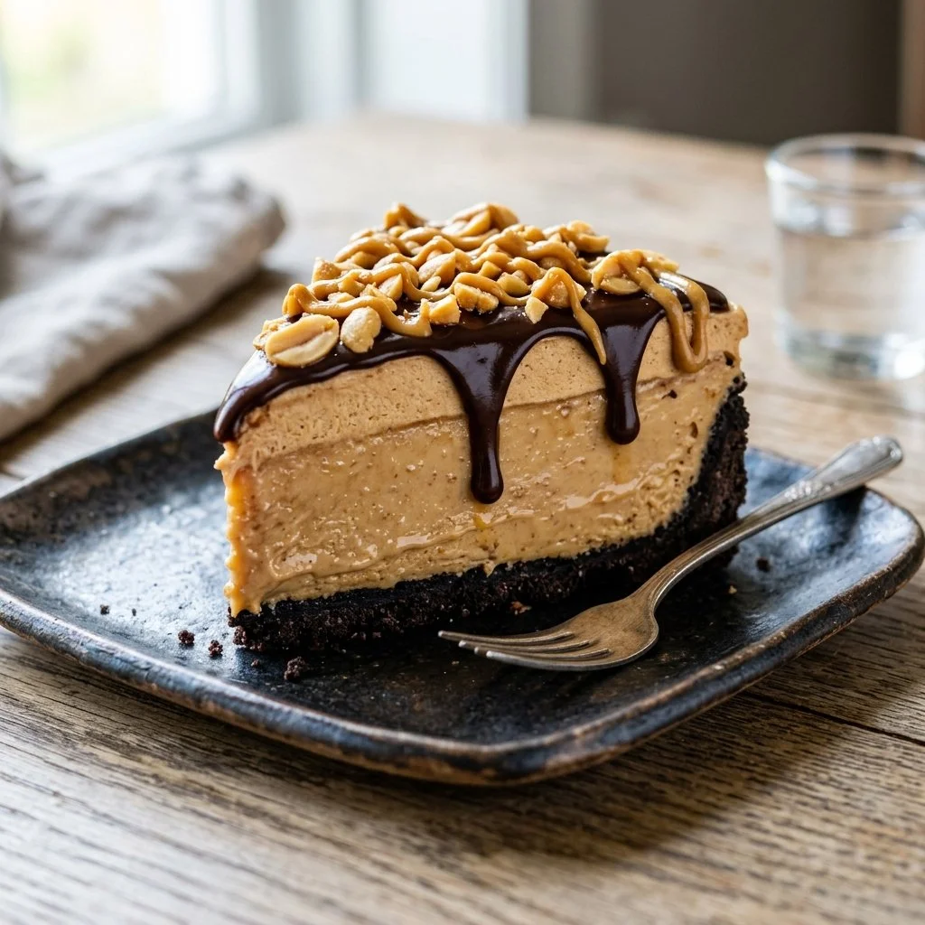 Delicious frozen peanut butter pie topped with whipped cream and chocolate drizzle.