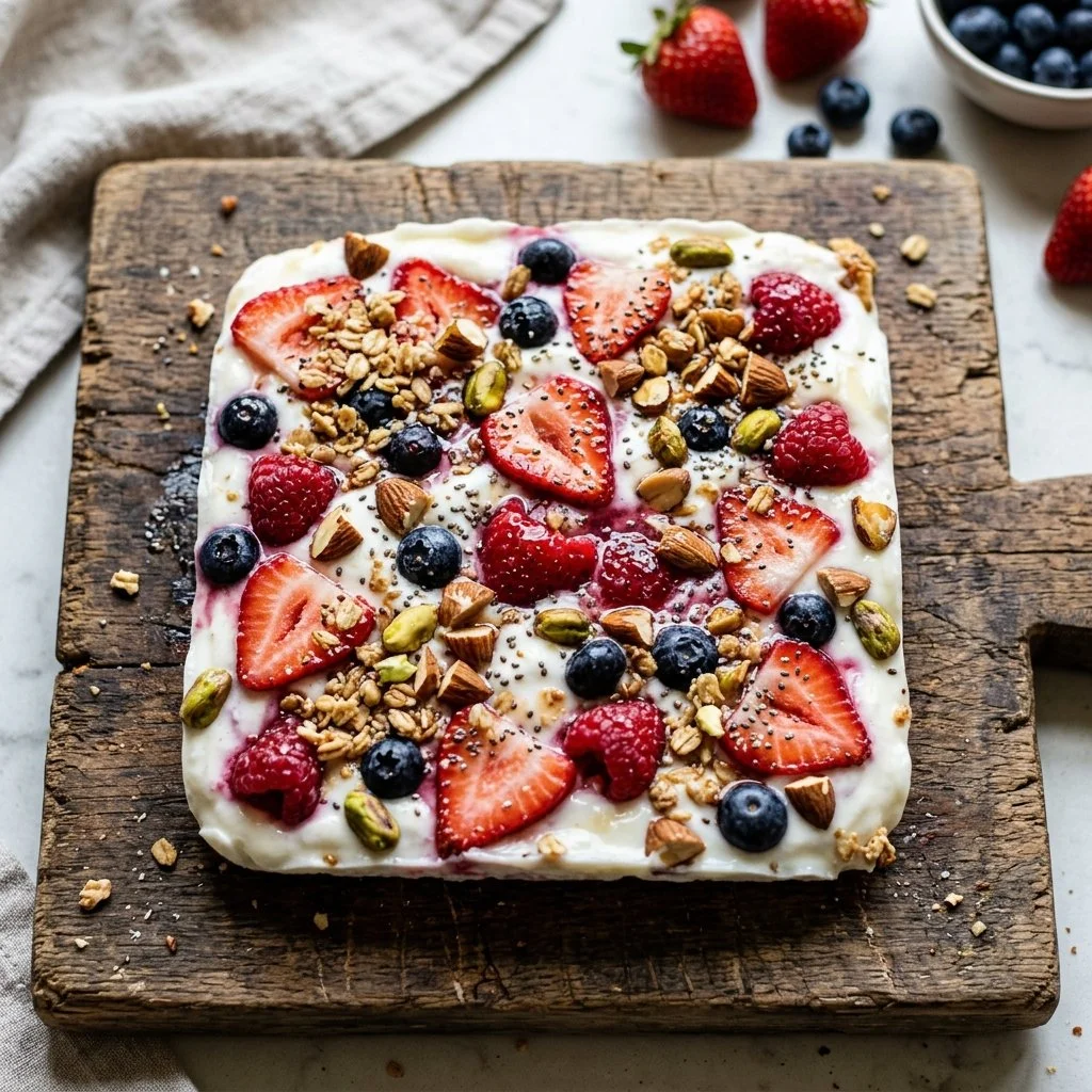 Homemade frozen yogurt bark topped with fruits and nuts.