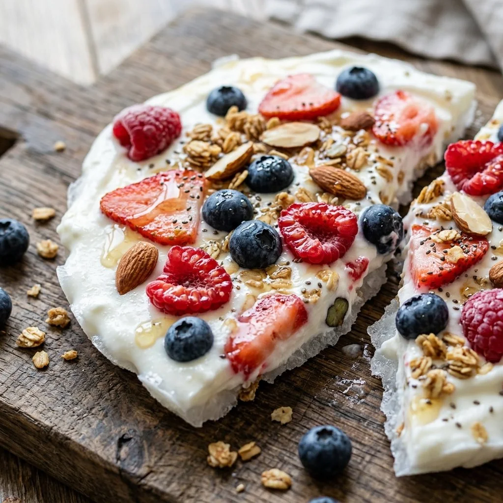 Deliciously colorful frozen yogurt bark topped with fruit and nuts