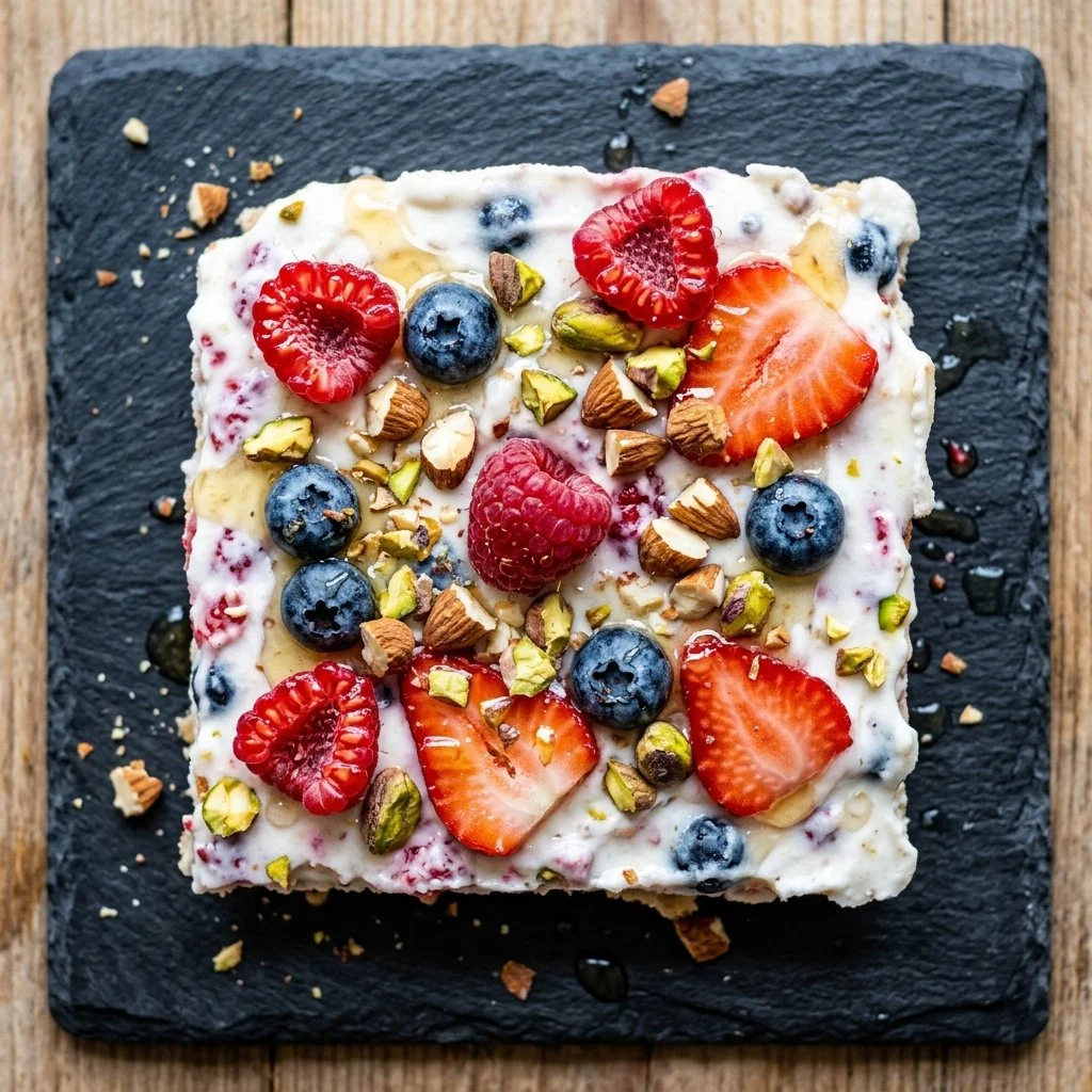 Delicious frozen yogurt bark topped with fruits and nuts.