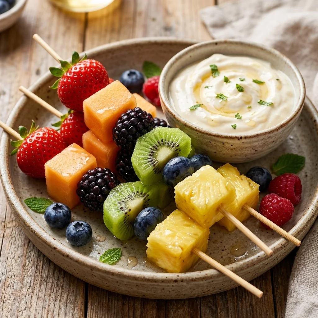 Colorful fruit kabobs with a sweet dip for a healthy snack