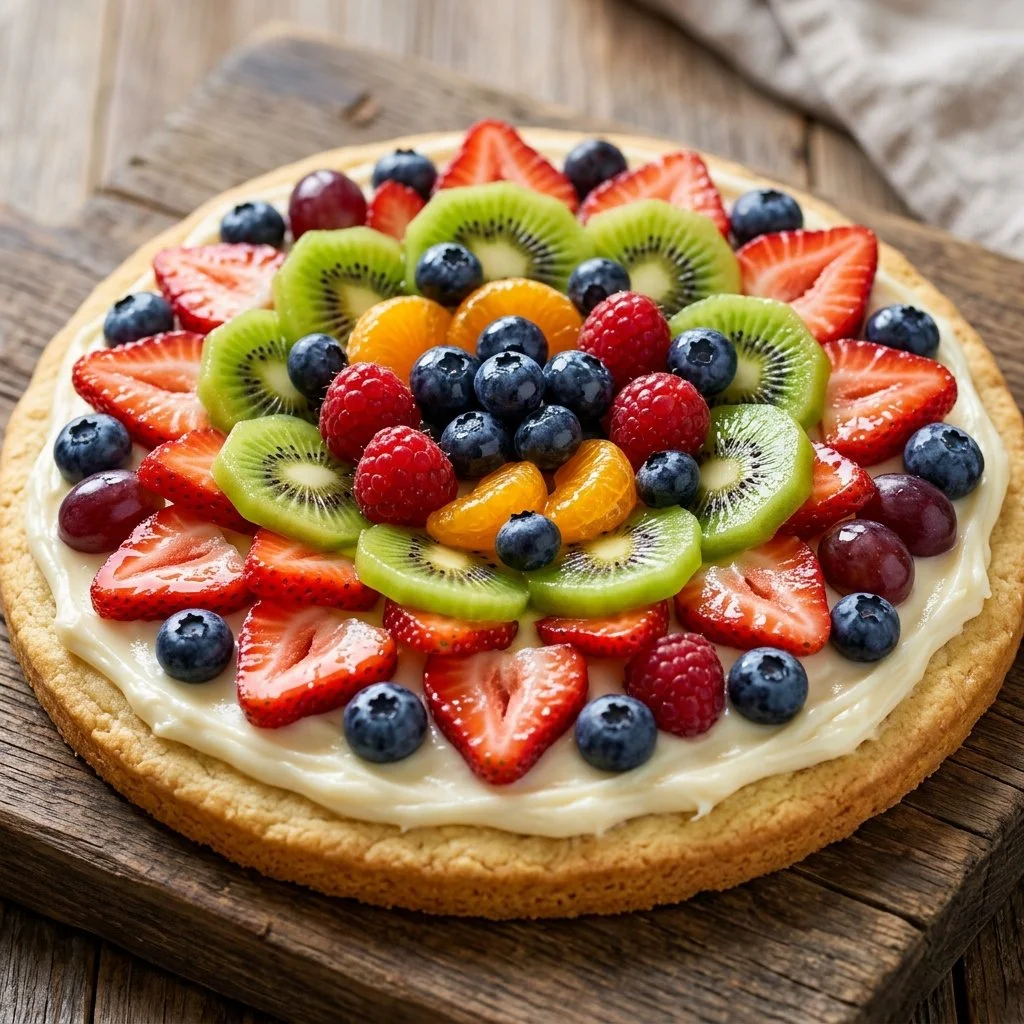 Colorful fruit pizza topped with assorted fresh fruits and creamy frosting