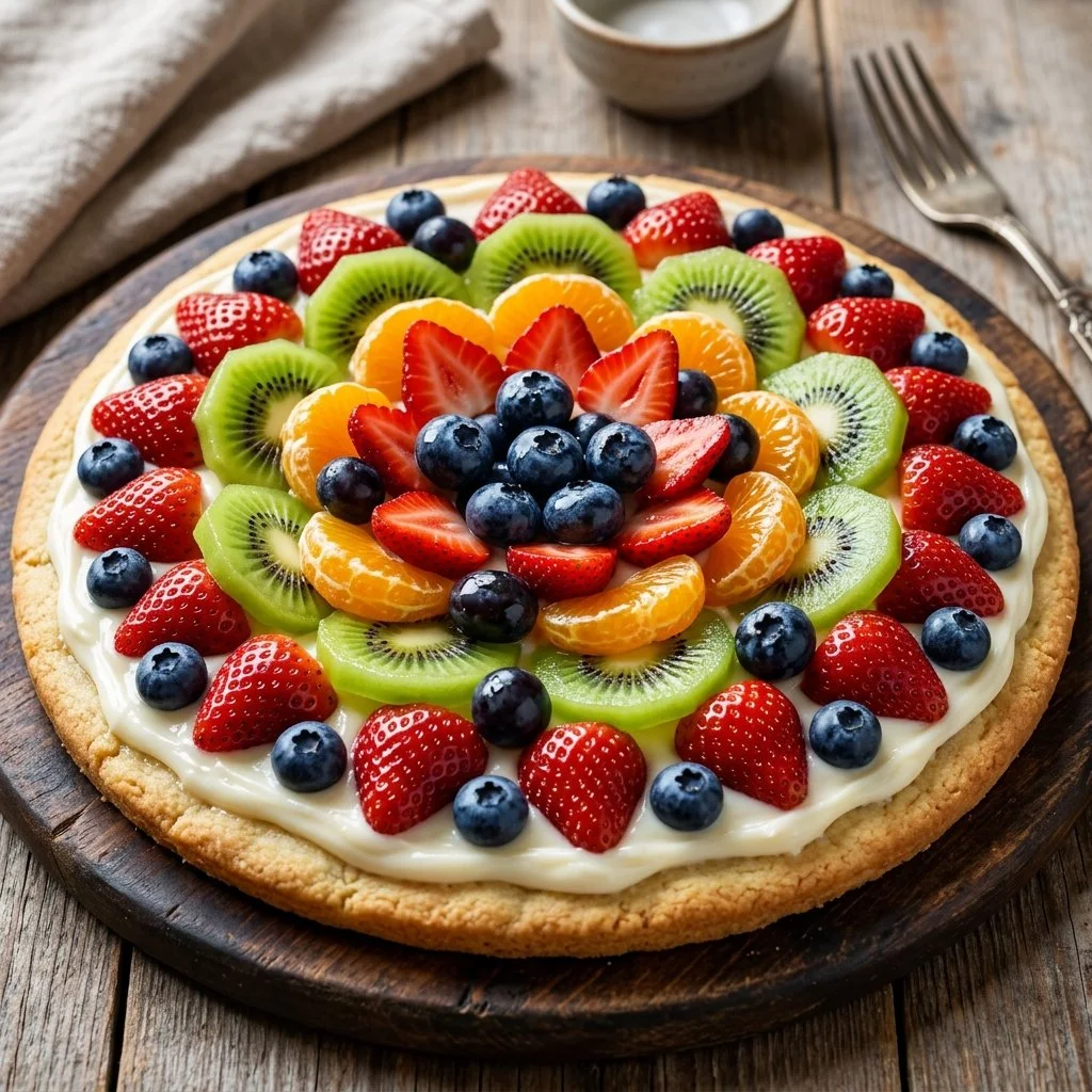 Colorful fruit pizza topped with fresh berries and tropical fruits.
