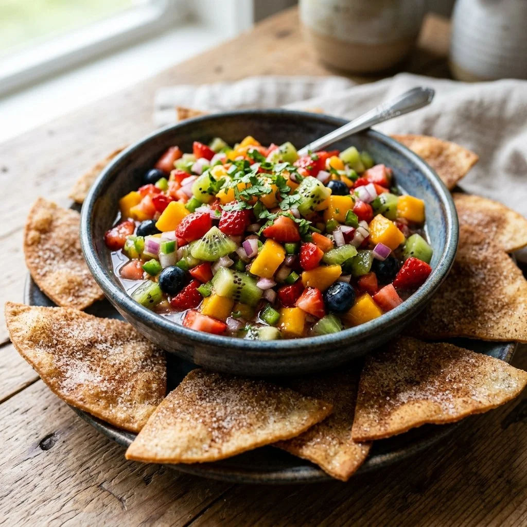 Delicious fruit salsa served with crispy cinnamon chips