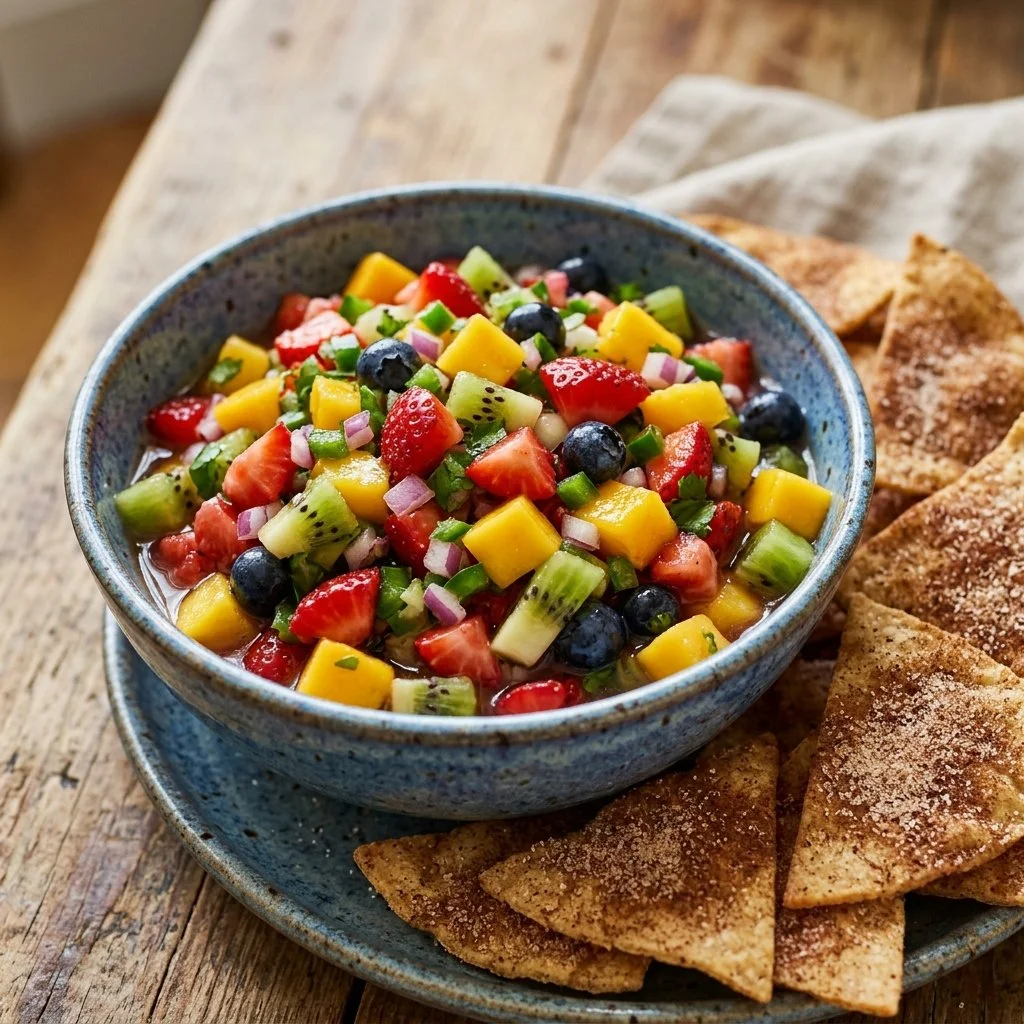 Fruit salsa served with crispy cinnamon chips for a delightful snack