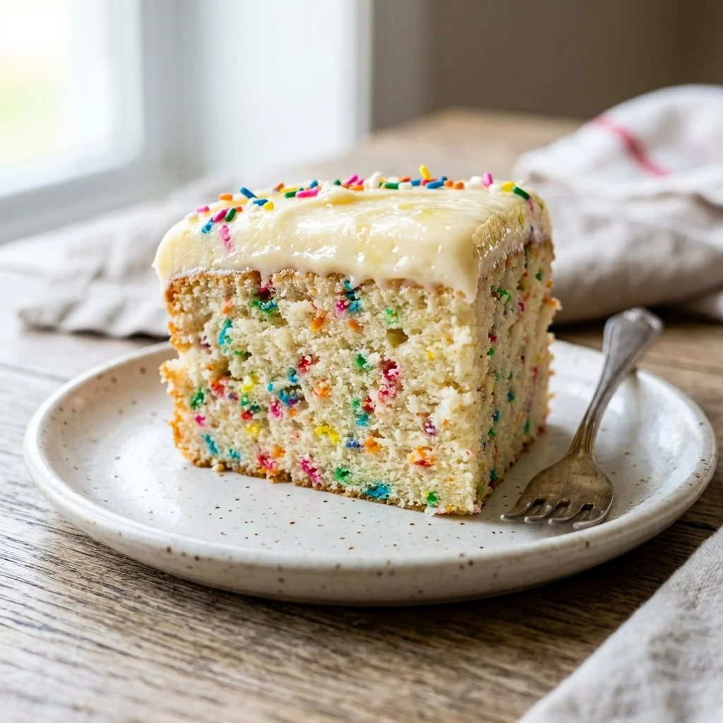 Delicious Funfetti Cake with colorful sprinkles and fluffy layers