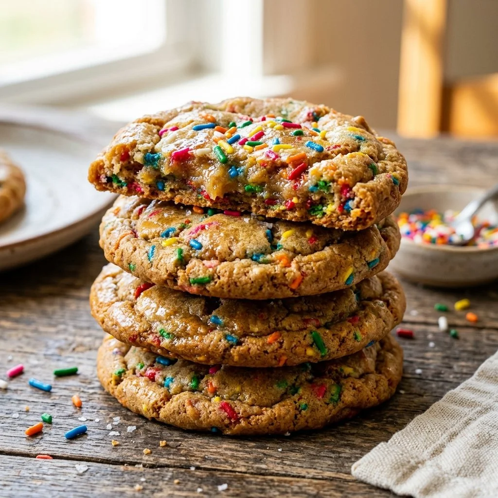 Freshly baked Funfetti Cookies with colorful sprinkles on a plate