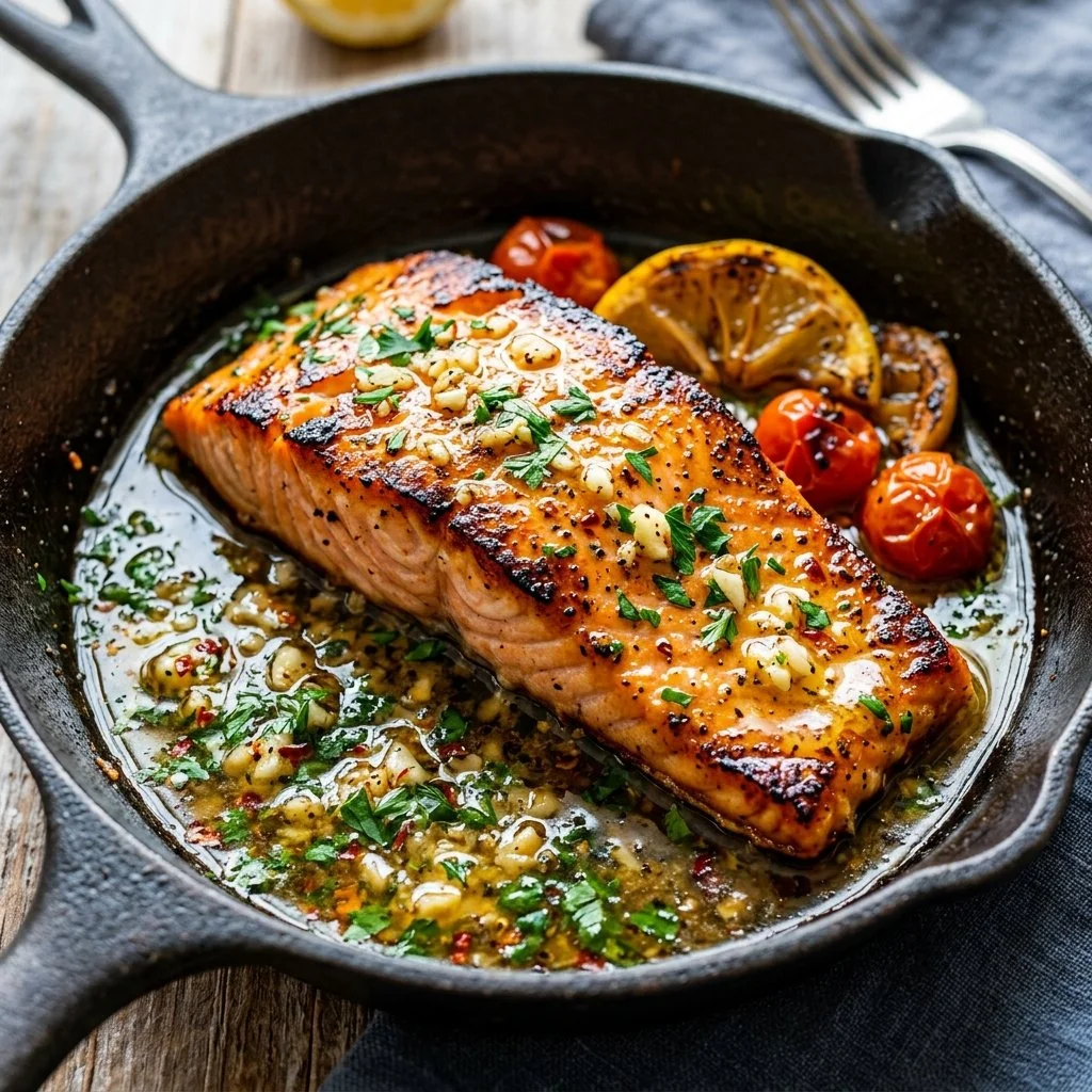 Delicious garlic butter salmon served on a plate with herbs and lemon