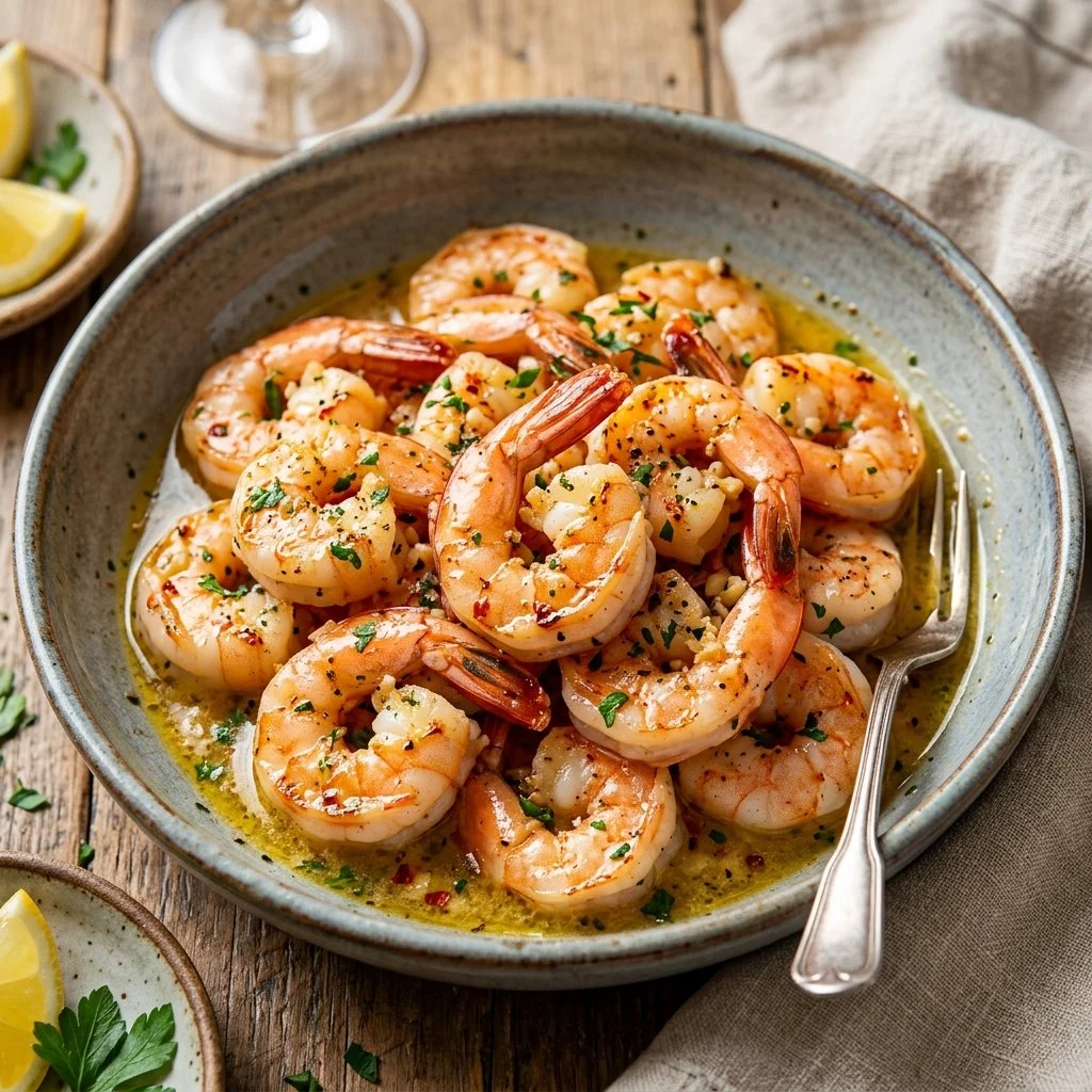 Delicious garlic butter shrimp cooked in a savory sauce.