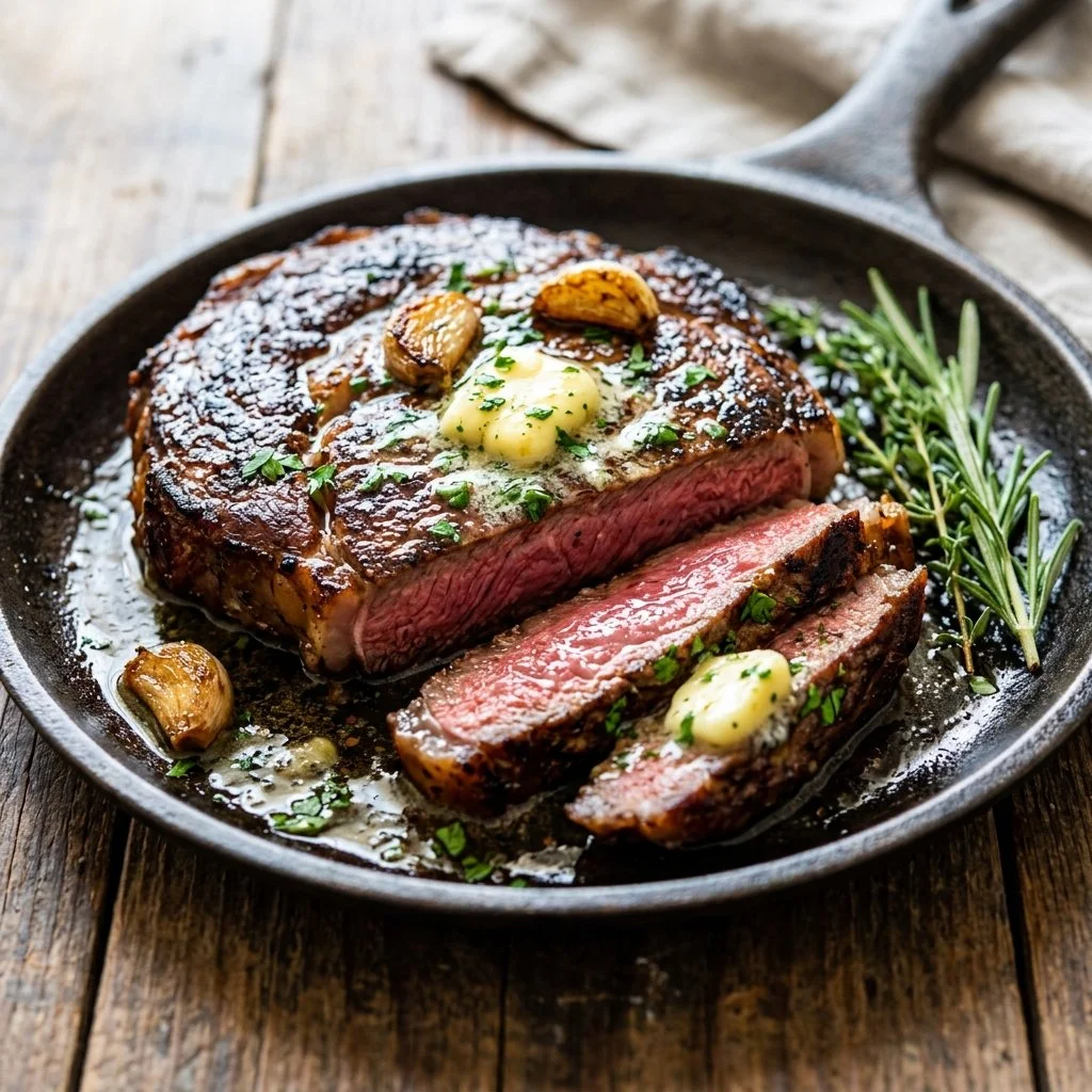 Delicious Garlic Butter Steak served with herbs and spices